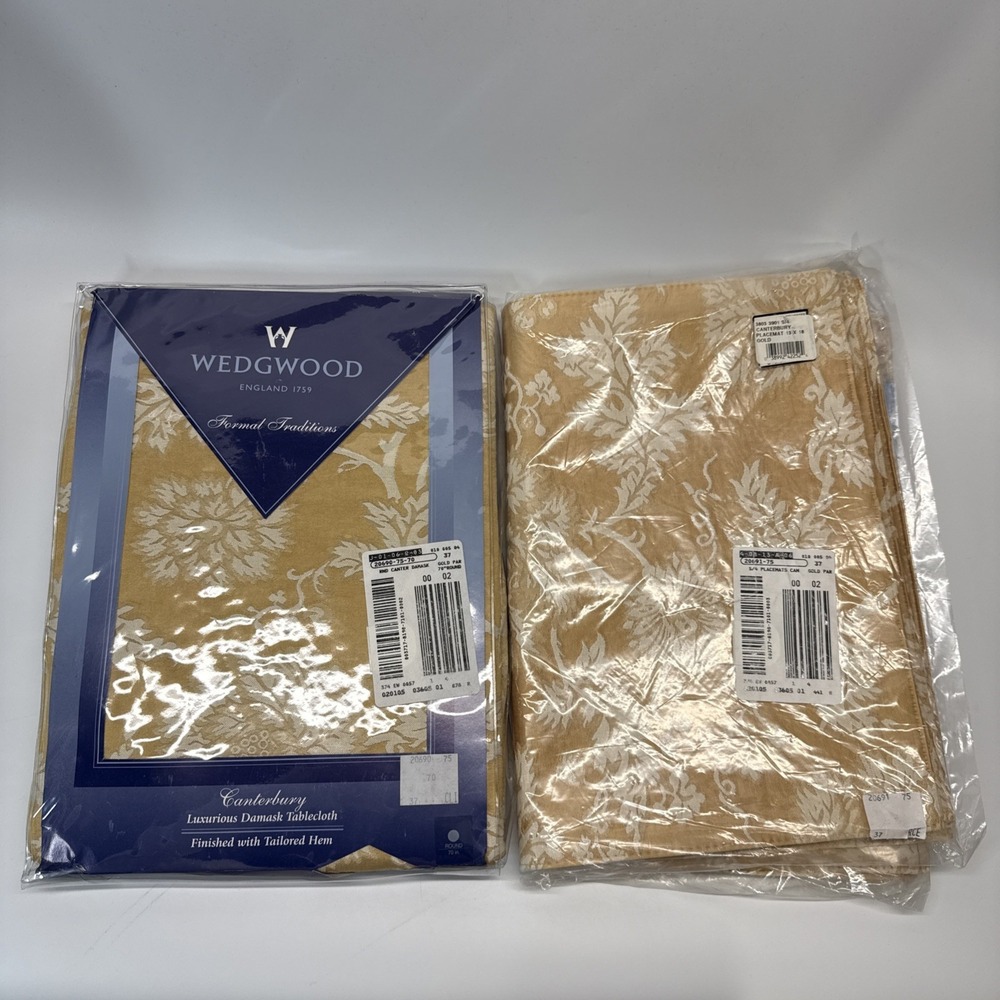Vintage Wedgewood Canterbury Gold Tablecloth 70" Round & 4 Placemats 2001